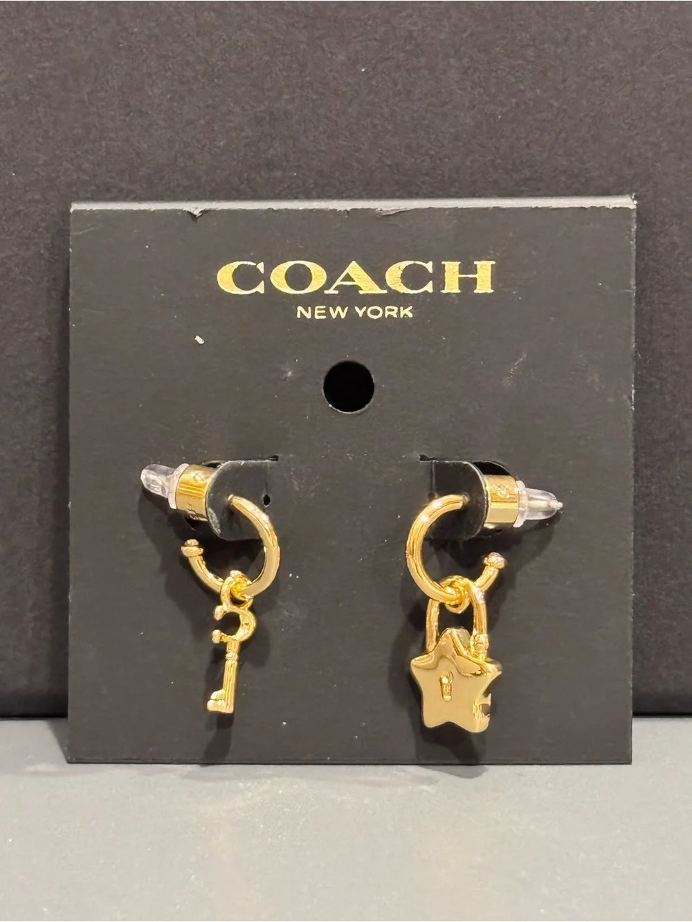NWT Coach Gold Key & Star Lock Mismatched Mini Hoop Huggie Earrings